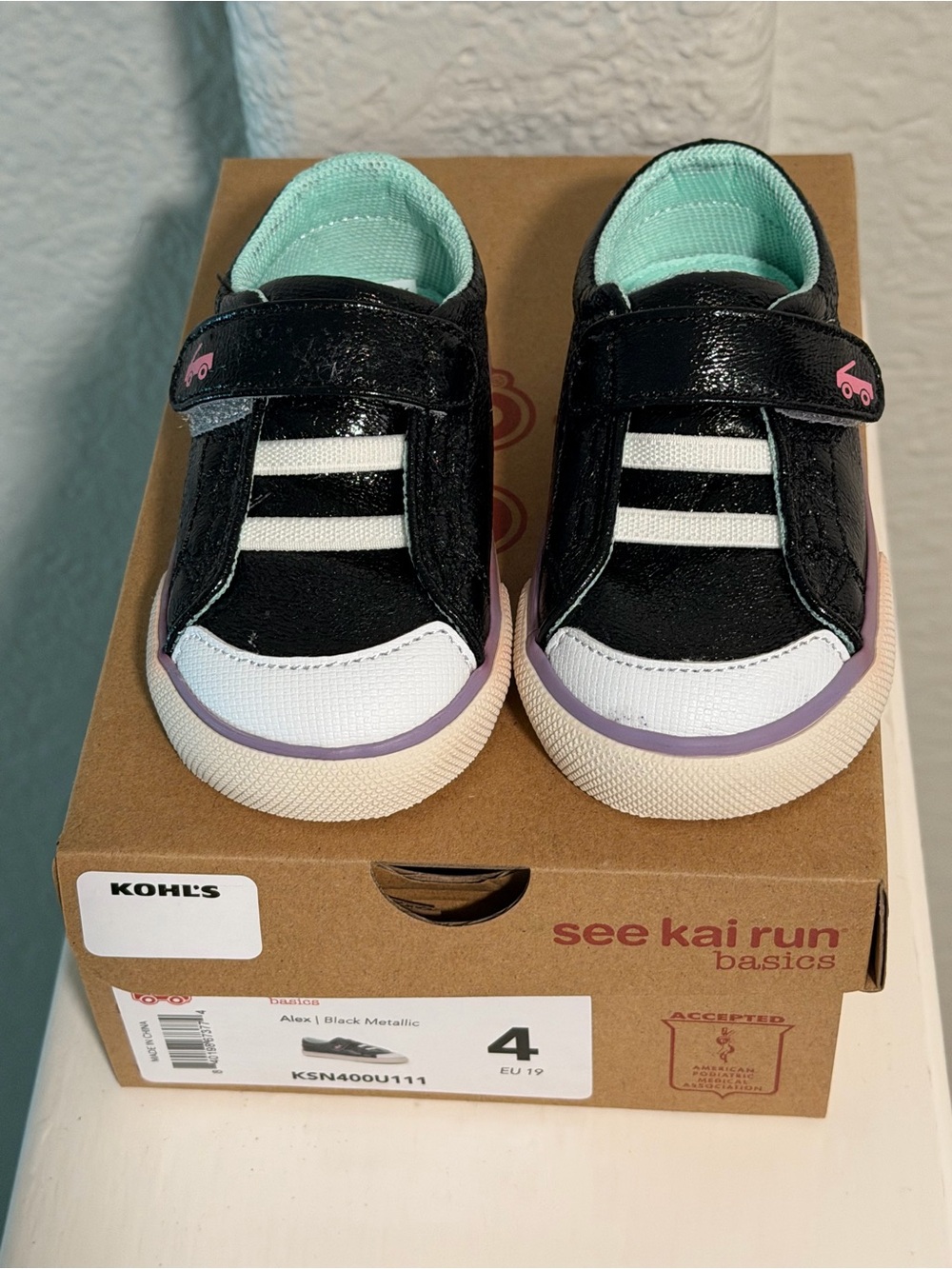 See Kai Run Kids Alex Sneaker - Black Metallic with Mint and Pink Accents - Picture 2 of 7